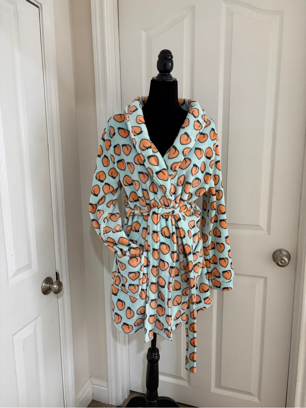 Women's Peach-Print Belted Plush Robe Jacket - Mint/Peach